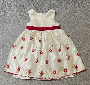 Princess Collection Girls 4T Ivory Satin Floral Embroidered Dress Red Bow Zip
